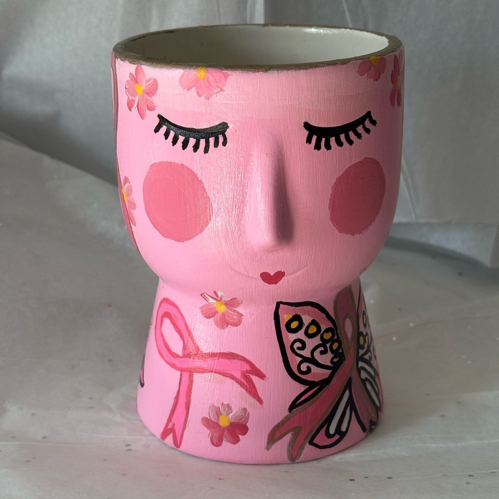 Unique Hand Painted Breast Cancer Awareness Design Face Ceramic Planter Vase